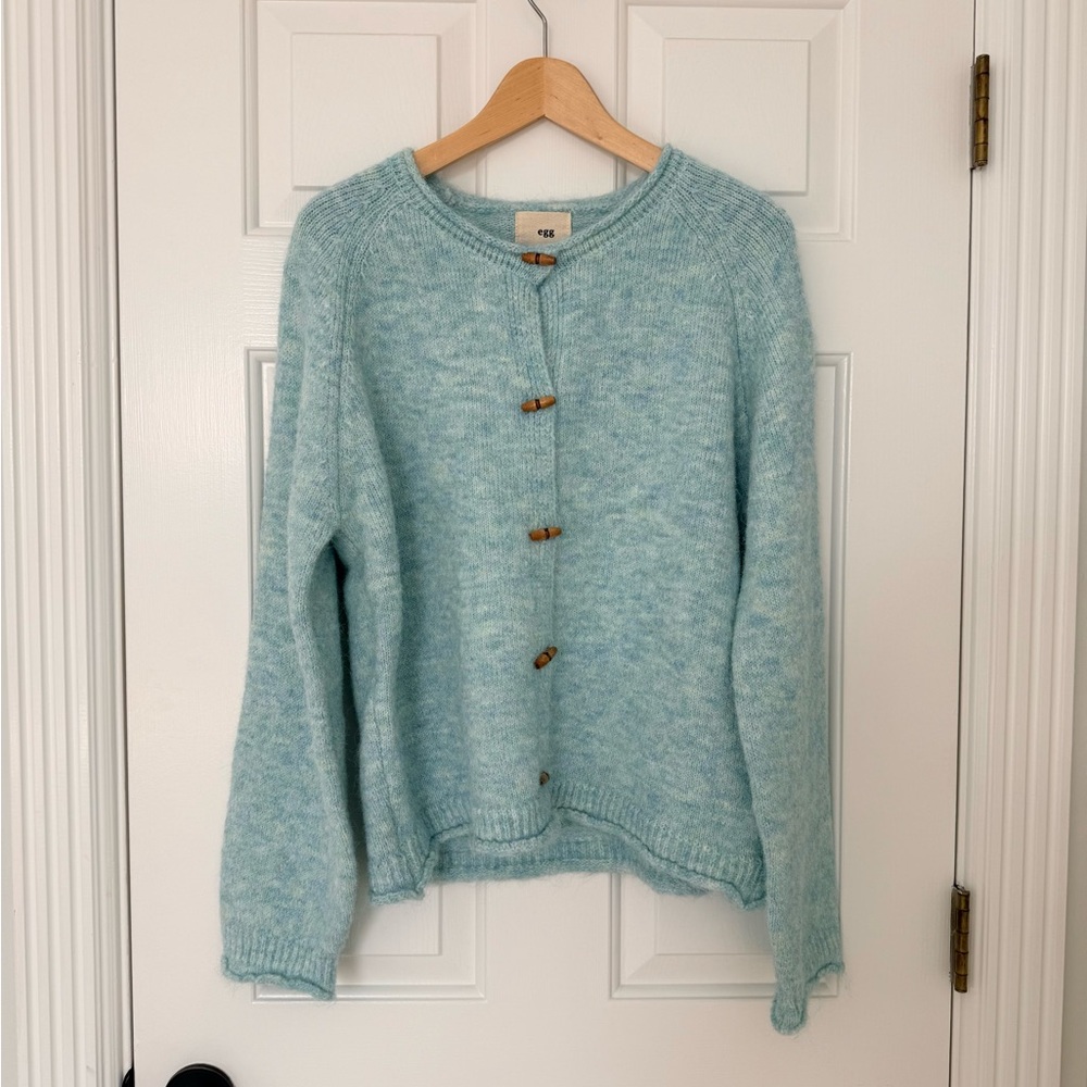 Egg Soft Fuzzy Baby Blue Cardigan Wooden Buttons Korean Style Sweater